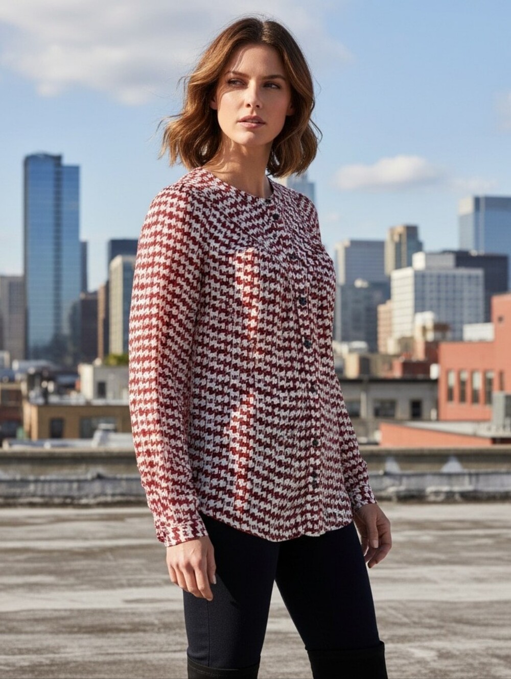 Maeve From Anthropologie Button-Front Women's Top in Rust & Cream Size Xsp